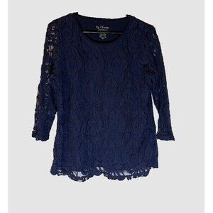 Chico's Top M Blue Floral Lace Overlay 3/4 Sleeve Cottagecore Business Casual